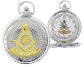 Masonic Past Master Pocket Watch - Duo-tone Steel and Gold Color Emblem / Mason Square and Compass Design - Masonic Quartz Watches
