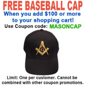 FREE hat with over $100 - Use coupon code MASONCAP - Freemason's Baseball Cap - Black Hat with Golden Standard Masonic Symbol - One Size Fits Most