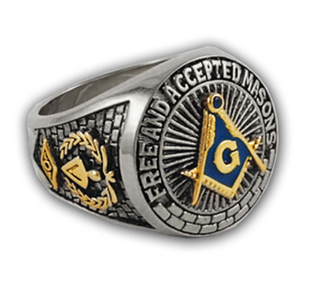 Blue Lodge DuoTone Gold Icons Silver Color Band. Freemason Ring Blue