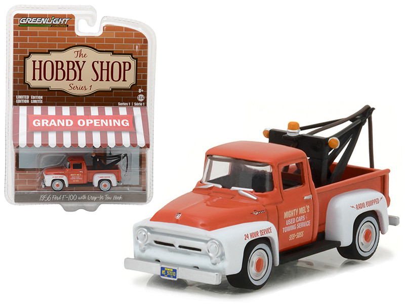 1956 Ford F-100 Red and White with Drop-in Tow Hook \The Hobby Shop\" Series 1 1/64 Diecast Model Car by Greenlight""" 1956 Ford F-100 Red and White with Drop-in Tow Hook \The Hobby Shop\" Series 1 1/64 Diecast Model Car by Greenlight"""