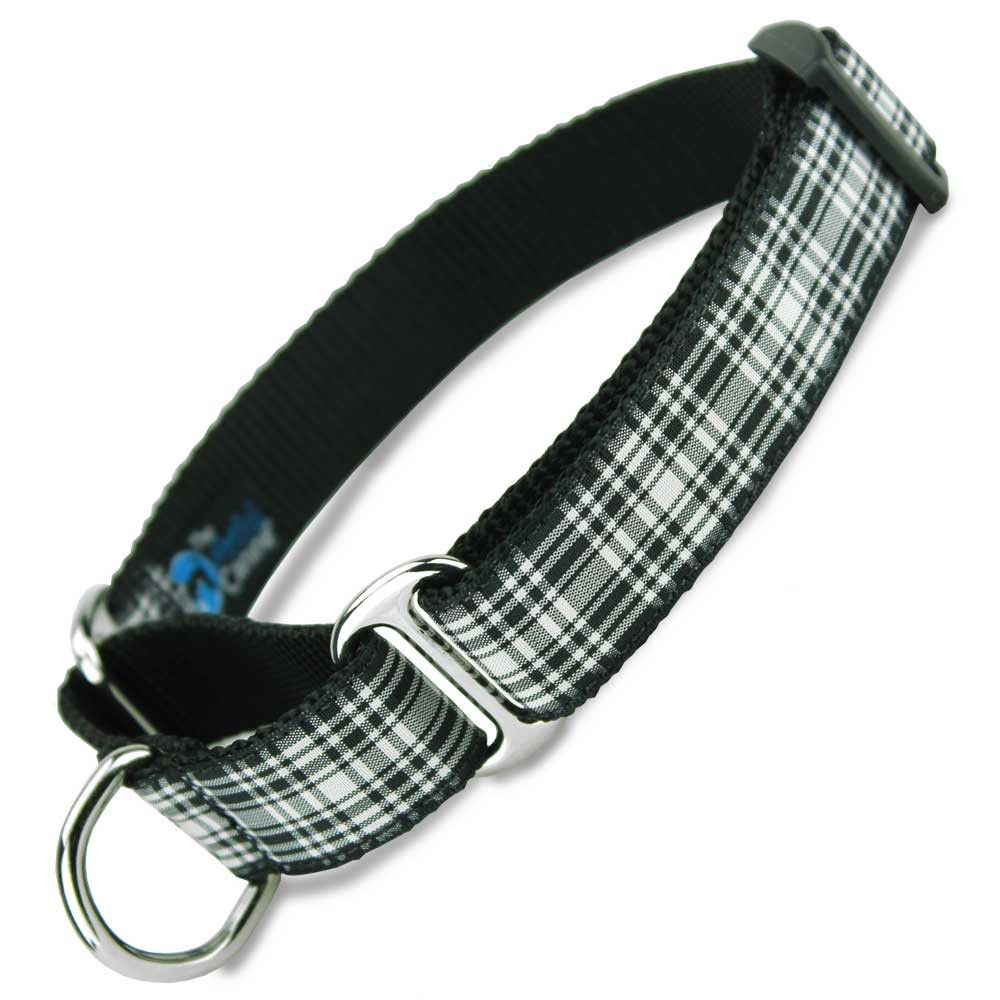 Plaid Martingale Dog Collar, black & white tartan, Limited Slip Dog