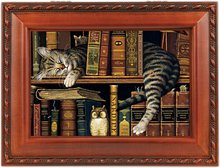 Cat Sleeping in Library Wooden Music Box Plays That's What Friends are For MB249