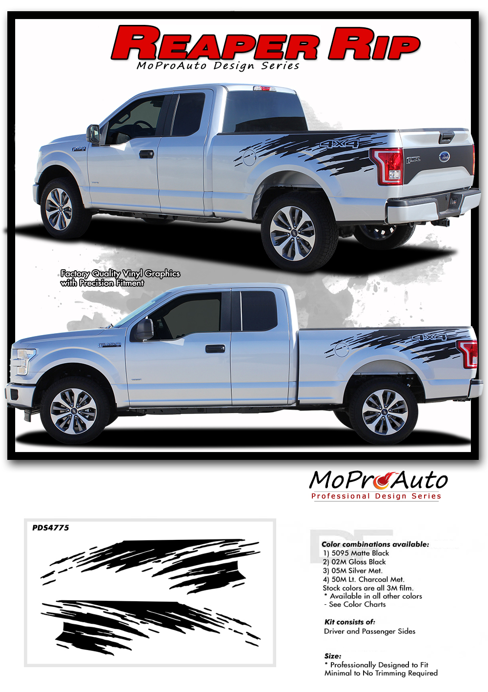 2015, 2016, 2017, 2018, 2019, 2020 REAPER RIP MUDSLINGER Truck Bed Stripes Ford F-Series F-150 Appearance Package Vinyl Graphics and Decals Kit by MoProAuto Pro Design Series