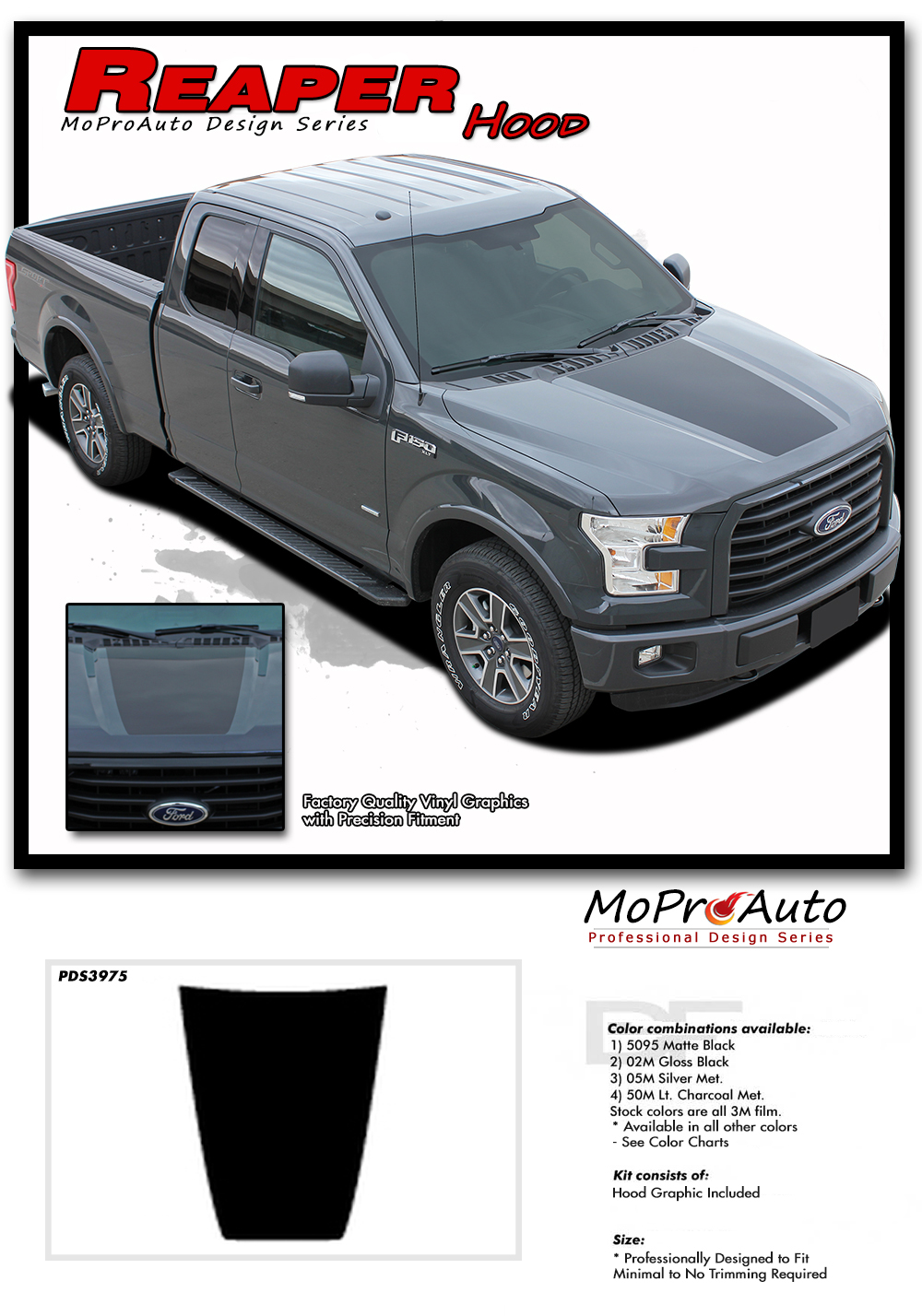 2015, 2016, 2017, 2018, 2019, 2020 Hood Solid Ford F-Series F-150 Appearance Package Vinyl Graphics and Decals Kit by MoProAuto Pro Design Series