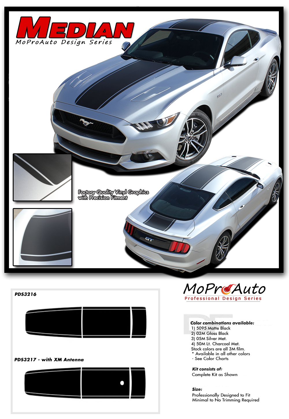 2015 2016 2017 Median OEM Style Racing Stripes for Ford Mustang - MoProAuto Pro Design Series Vinyl Graphics, Stripes and Decals Kit