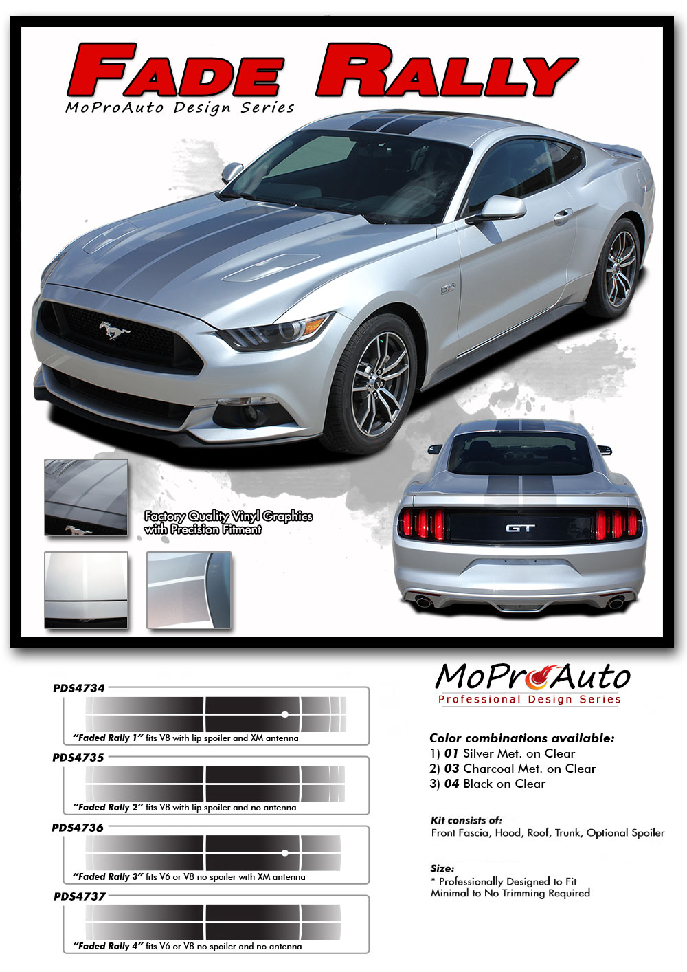 Ford Mustang Fade Rally Faded Racing Stripes Ebony Racing Striping Silver Vinyl Graphics Decals