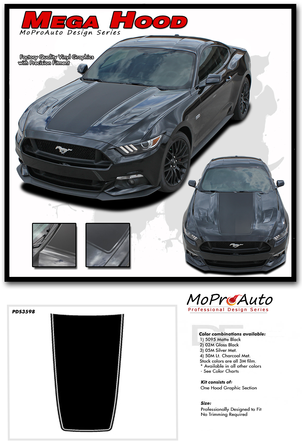 2015 2016 2017 Mega Hood Style Racing Stripes for Ford Mustang - MoProAuto Pro Design Series Vinyl Graphics, Stripes and Decals Kit