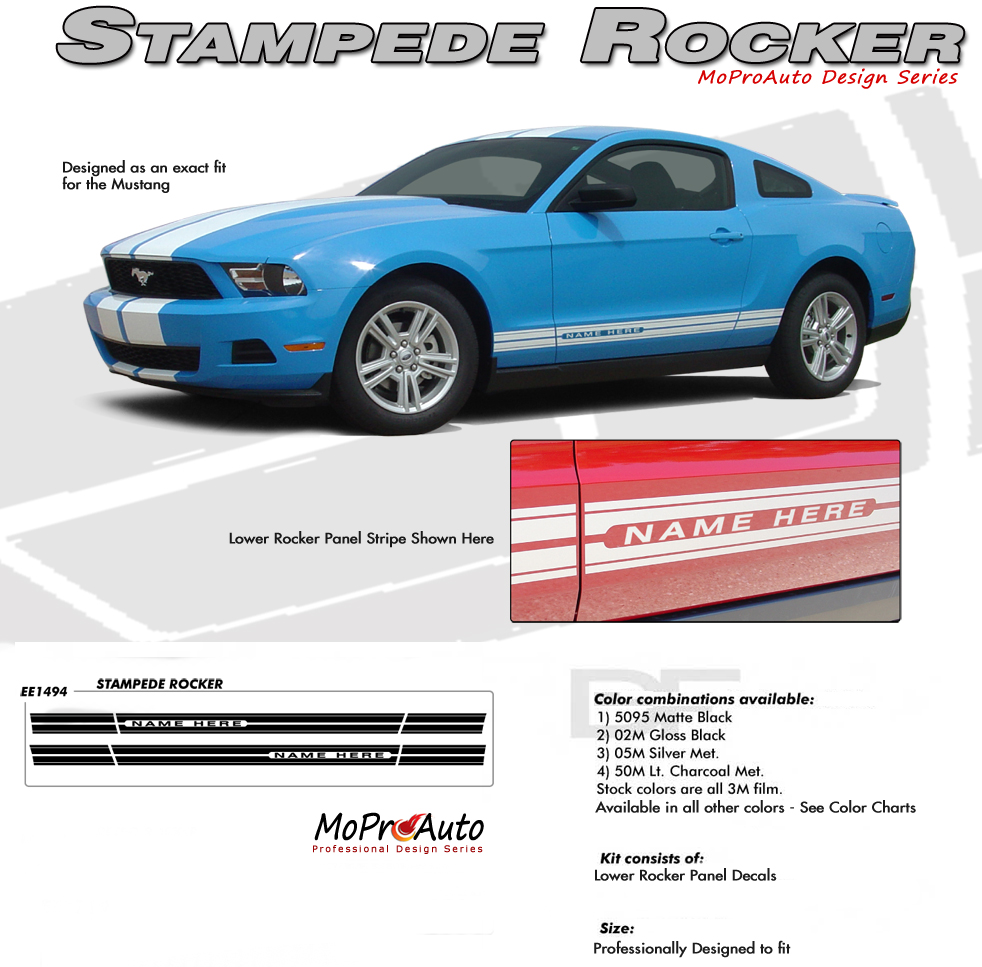 Mustang STAMPEDE ROCKER : 2010-2014 Ford Mustang Rocker Panel Stripes - MoProAuto Pro Design Series Vinyl Graphics and Decals Kit