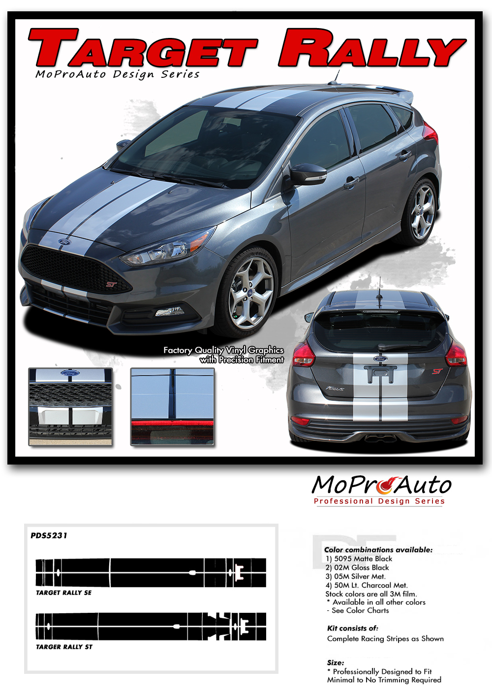 2015 2016 2017 2018 TARGET RALLY Ford Focus Racing Stripes Decals Vinyl Graphics - MoProAuto Pro Design Series Original Kit