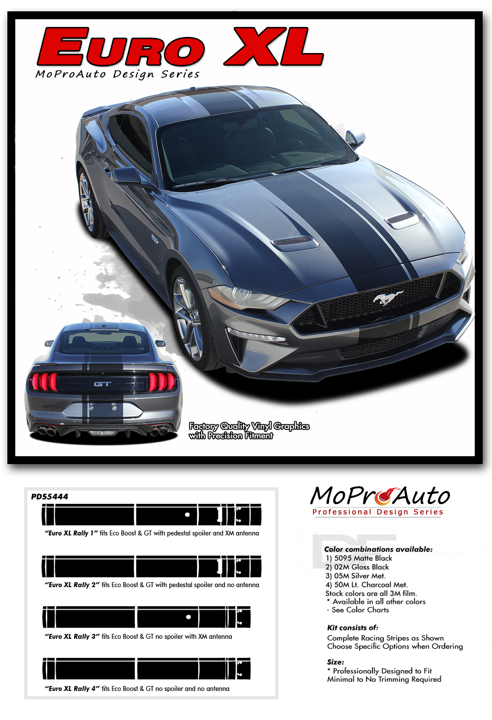 2018 2019 2020 2021 2022 2023 EURO XL RALLY OEM Style Racing Stripes for Ford Mustang - MoProAuto Pro Design Series Vinyl Graphics, Stripes and Decals Kit
