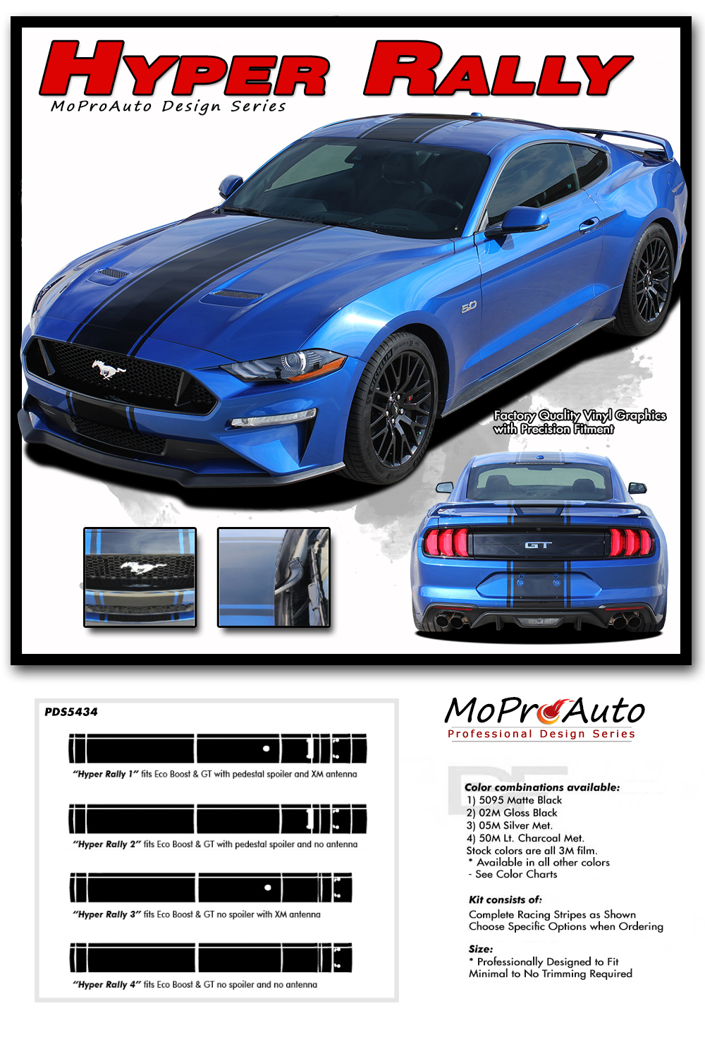 2018 2019 2020 2021 2022 HYPER RALLY OEM Style Racing Stripes for Ford Mustang - MoProAuto Pro Design Series Vinyl Graphics, Stripes and Decals Kit