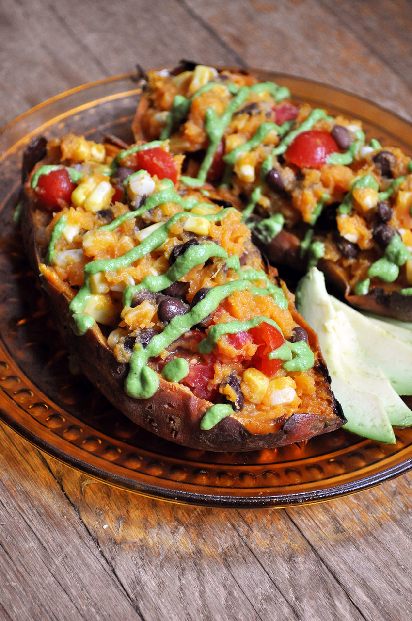 southwestern stuffed sweet potatoes with avocado sauce