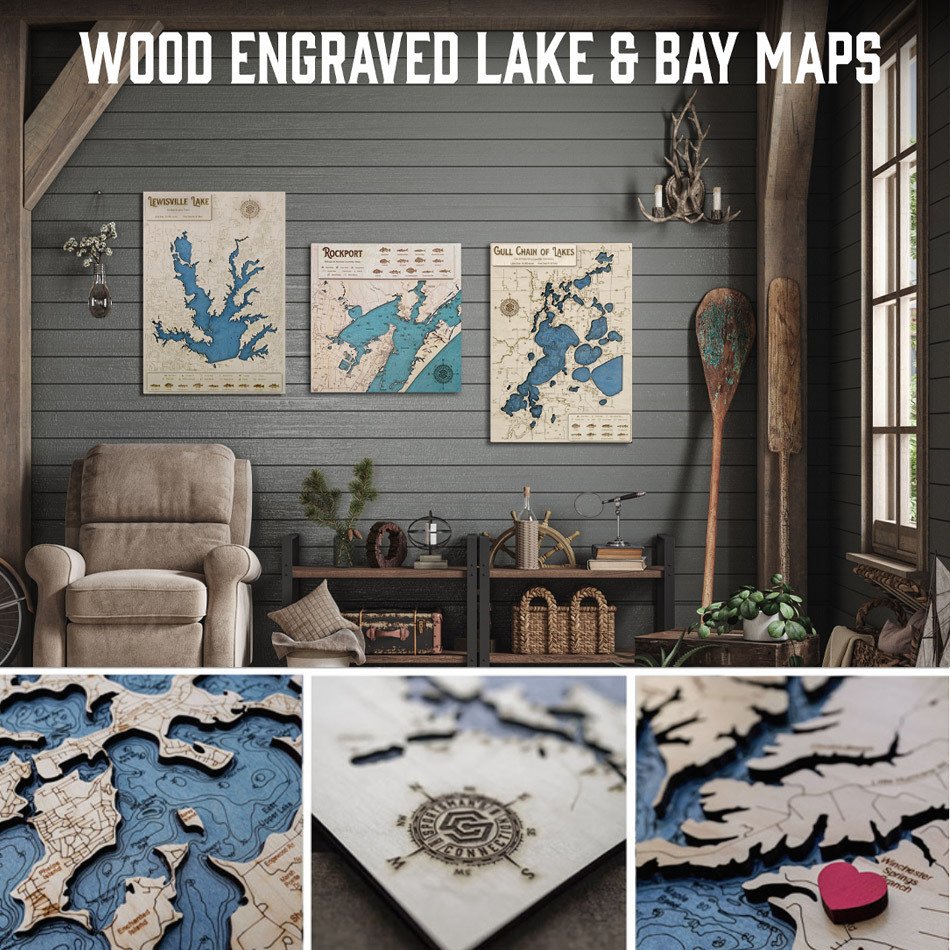 Laser Engraved Wood Lake Maps
