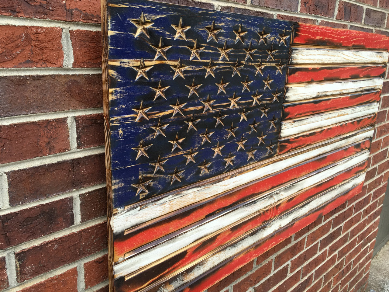 Red White And Navy Engraved Wooden American Flag Red White And Navy Engraved Wooden American Flag