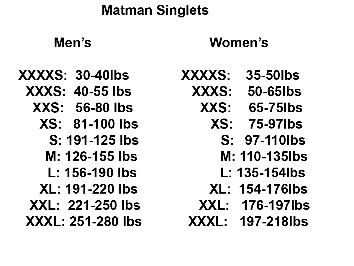 Matman Singlet Size Chart