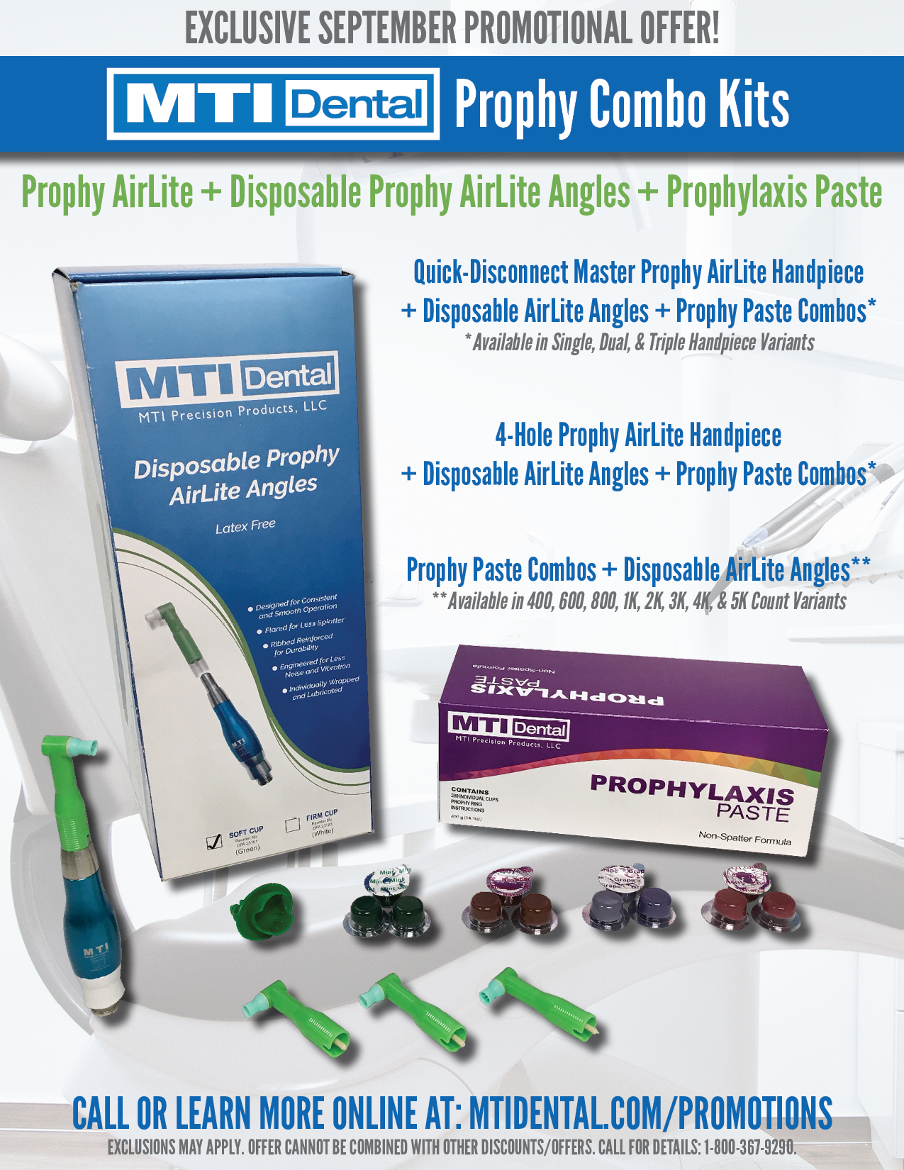MTI Dental Prophy AirLite Polishing Handpieces, Disposable Prophy AirLite Angles, and Prophylaxis Paste Combo Kits On Sale in September