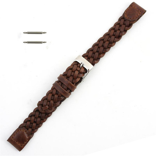 14mm Braided Brown Leather Calfskin Style Watch Band