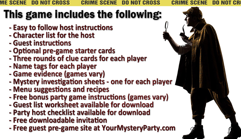 The download of the mystery game includes these items.
