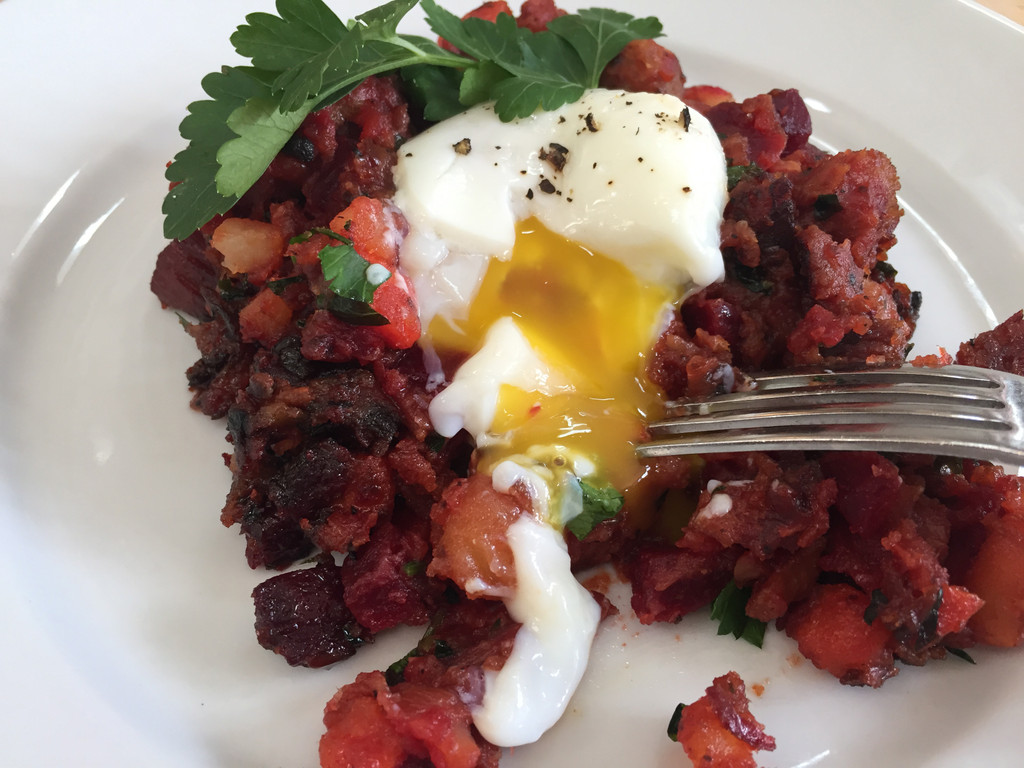 Red Flannel Corned Beef Hash with Eggs Sous Vide