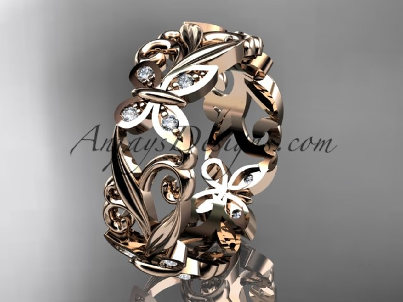 14kt rose gold diamond leaf and vine butterfly wedding ring engagement ring wedding band - Butterfly Wedding Ring 14kt rose gold diamond leaf and vine butterfly wedding ring engagement ring wedding band - Butterfly Wedding Ring