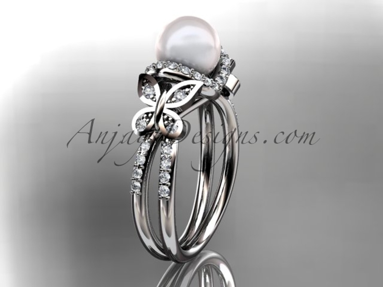 14kt white gold diamond pearl unique engagement ring butterfly wedding ring ap141 - Butterfly Wedding Ring 14kt white gold diamond pearl unique engagement ring butterfly wedding ring ap141 - Butterfly Wedding Ring