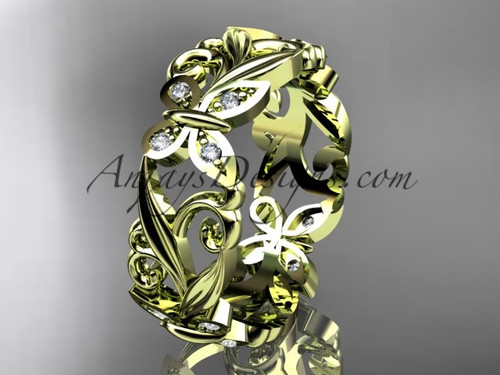 14kt yellow gold diamond leaf and vine butterfly wedding ring engagement ring wedding band - Butterfly Wedding Ring 14kt yellow gold diamond leaf and vine butterfly wedding ring engagement ring wedding band - Butterfly Wedding Ring