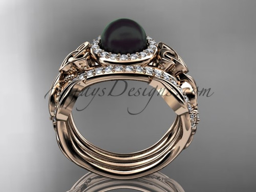 black pearl double band halo wedding rings 14kt rose gold triquetra celtic bridal ring set ctbp7300s - Celtic Wedding Ring Sets black pearl double band halo wedding rings 14kt rose gold triquetra celtic bridal ring set ctbp7300s - Celtic Wedding Ring Sets
