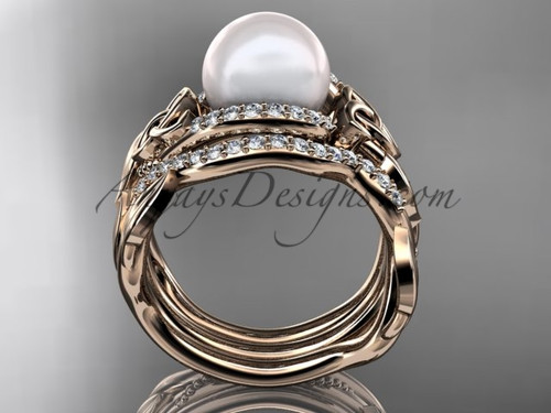leaf diamond pearl engagement and wedding ring set 14kt rose gold celtic trinity knot wedding set - Pearl Wedding Ring Sets leaf diamond pearl engagement and wedding ring set 14kt rose gold celtic trinity knot wedding set - Pearl Wedding Ring Sets