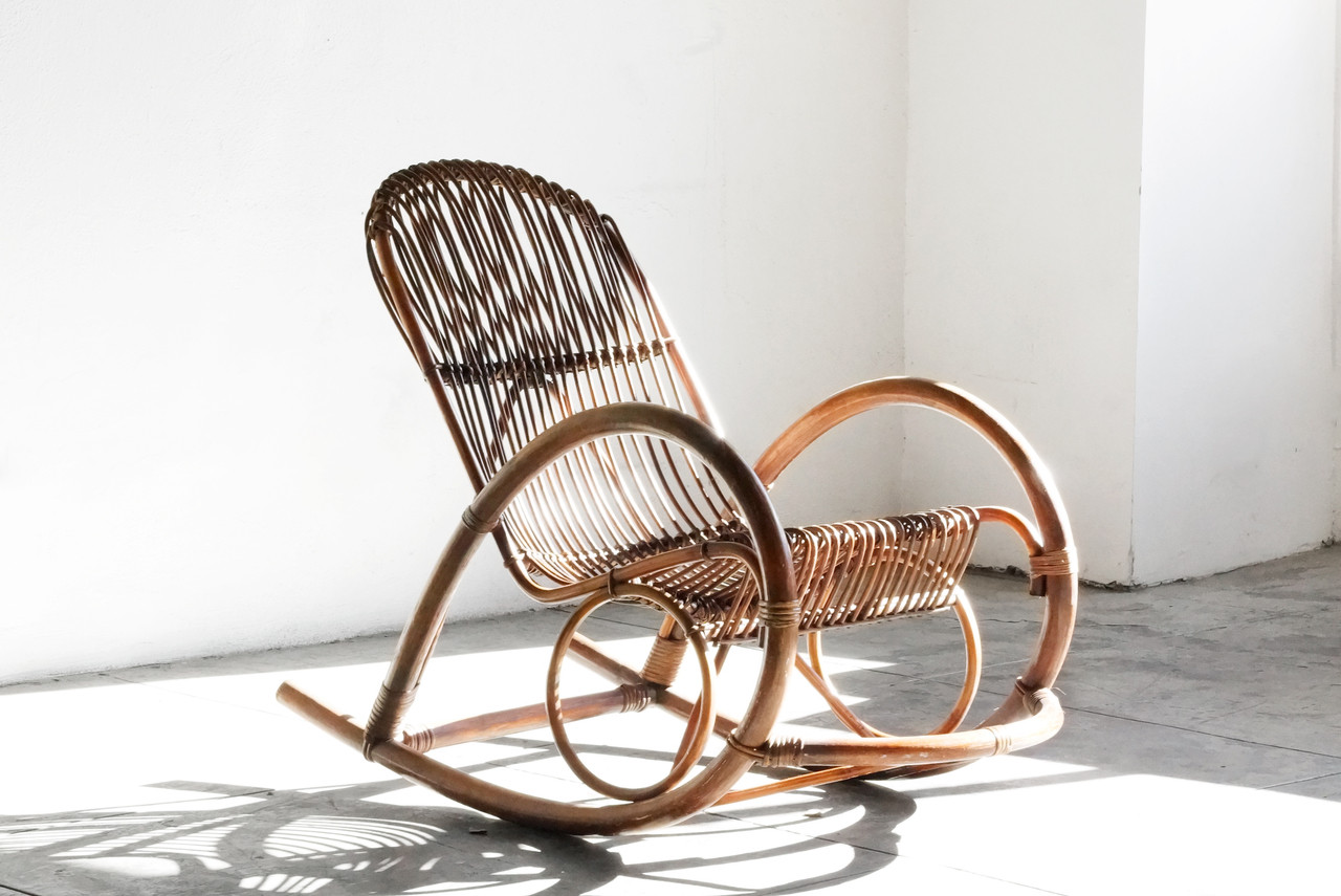 SOLD Mid Century Modern Rattan Rocking Chair by Franco