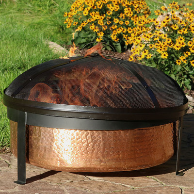 Sunnydaze Hammered 100% Copper Wood Burning Fire Pit with Spark Screen, 30 Inch Diameter