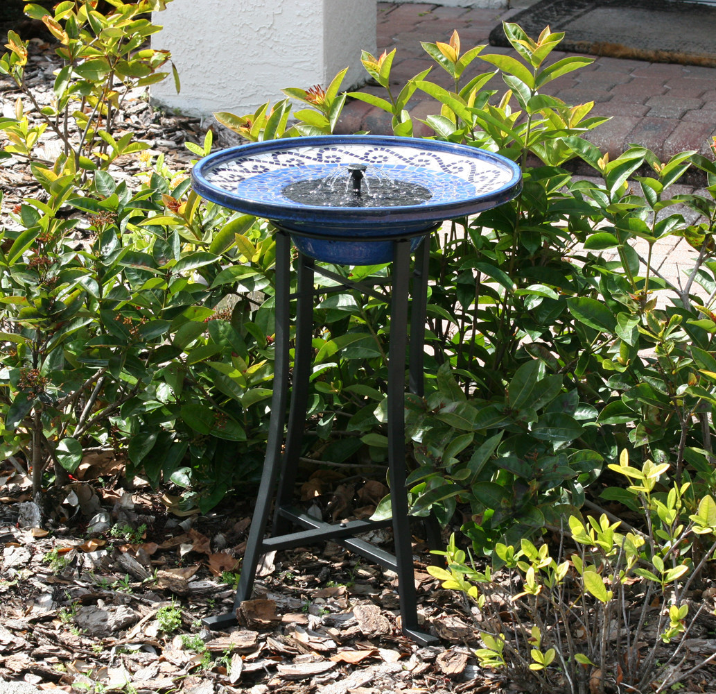 Mosaic Ceramic Solar Birdbath with Metal Stand