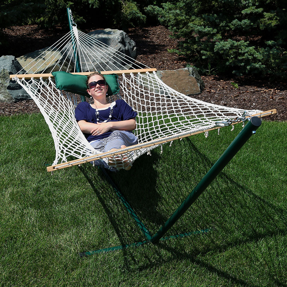 Sunnydaze Green and White Stripe Cotton Rope Hammock with 12 Foot Steel