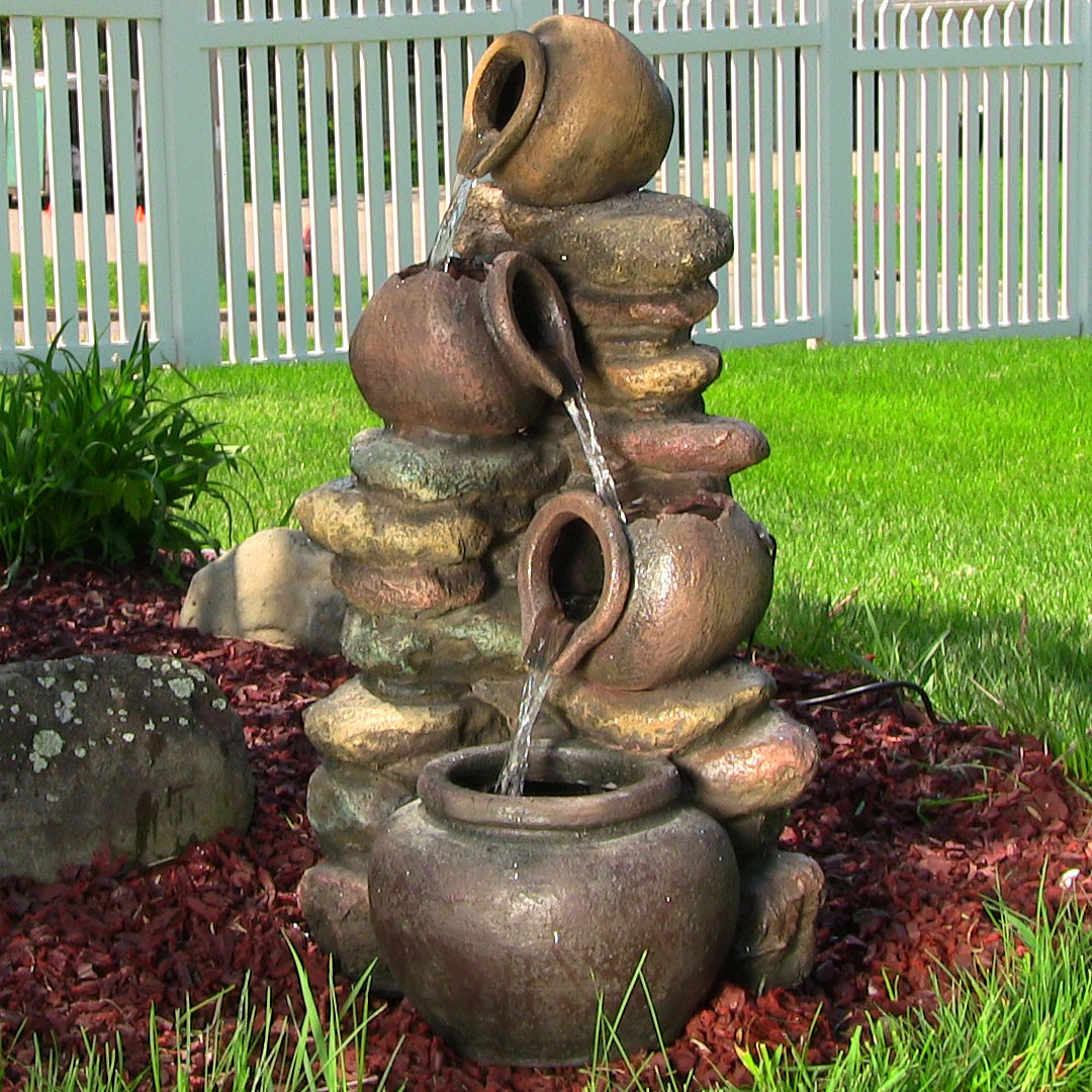 Honey Pot with Stones Outdoor Fountain w/ LED Lights by Sunnydaze Decor ...