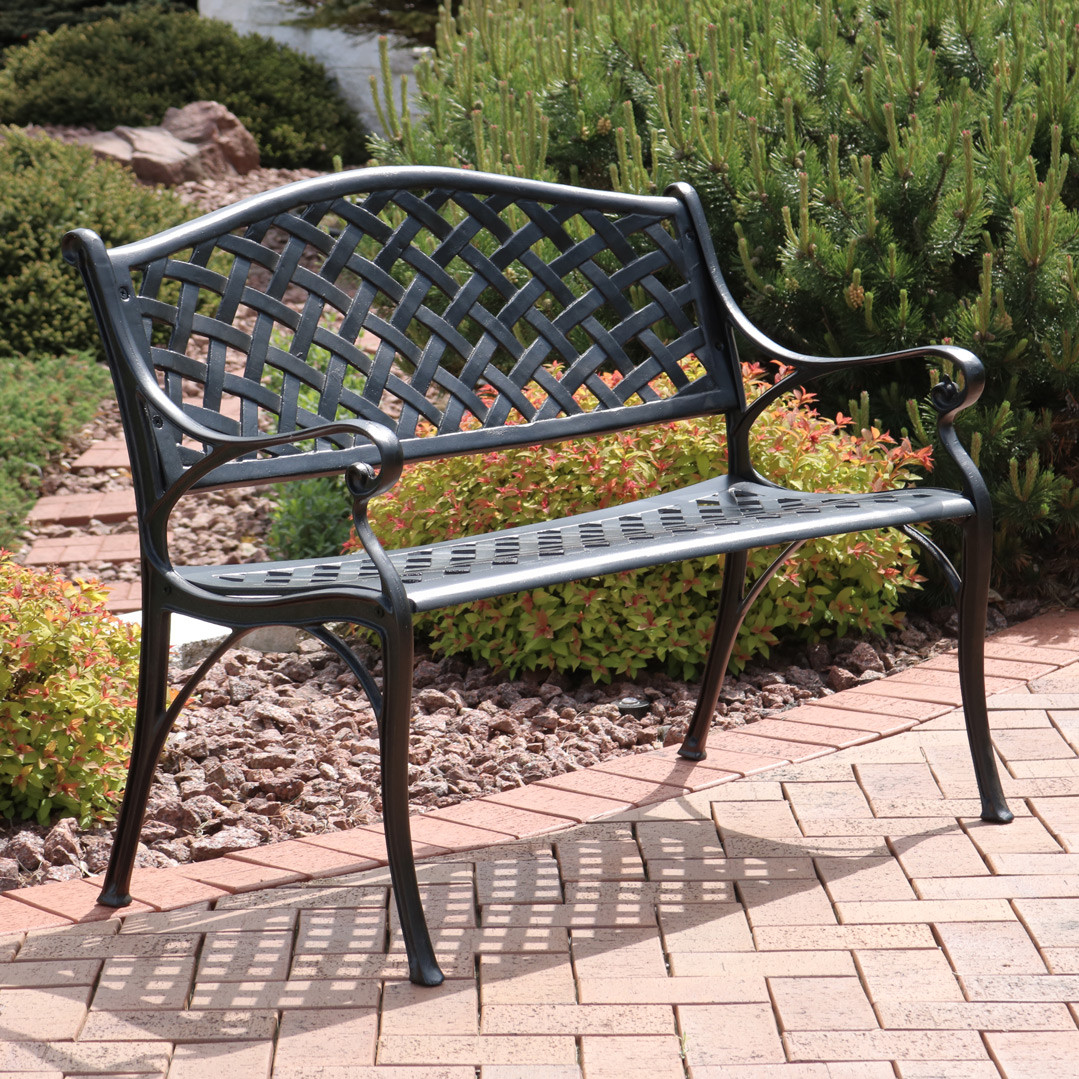 Sunnydaze 2-Person Checkered Cast Aluminum Garden Bench, Black