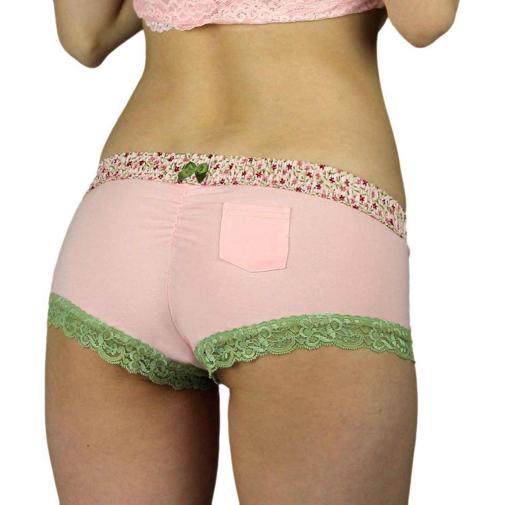 Women's Pink Boyshort Panties Posies Floral Waistband