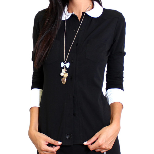 Womens Black Button Down Blouse with White Peter Pan Collar and Cuffs