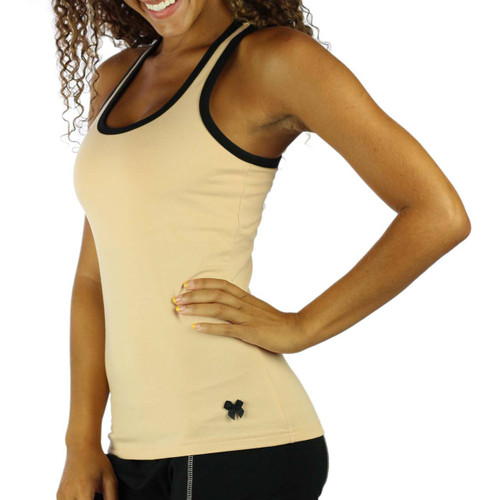 Sand Racer Back Tank Top with black trim and built in shelf bra