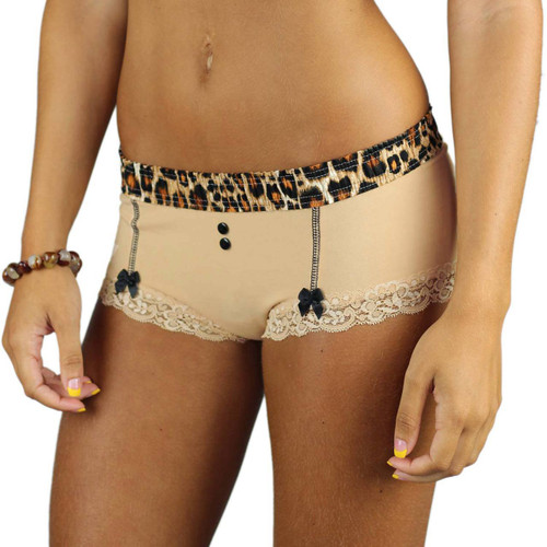 Nude Cotton Boyshorts with Leopard Print Waist and Black Bows