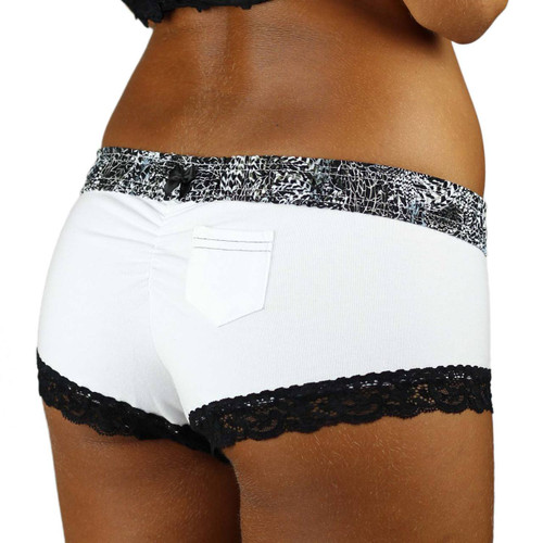 White Boyshorts with Black Lace Trim and Feather Print Waistband
