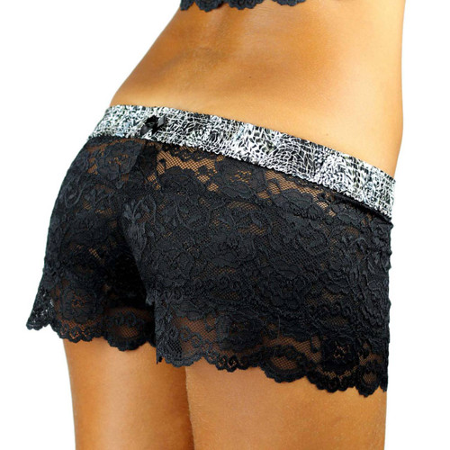 Black Lace Boxers with Feather Print Waistband