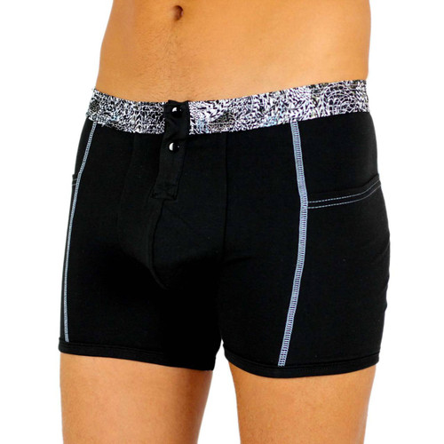 Men's Black Boxer Brief with FOXERS Feather Print Waistband | MSBBP-01130