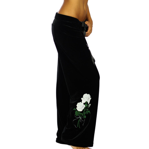 White Rose Embroidered Velvet Lounge Pants for Women