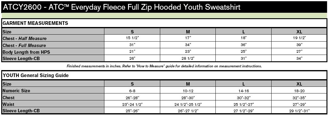 Youth Sweatshirt Size Chart