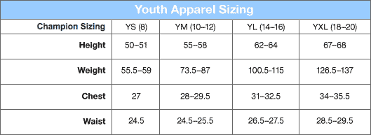 Champion Youth Hoodie Size Chart