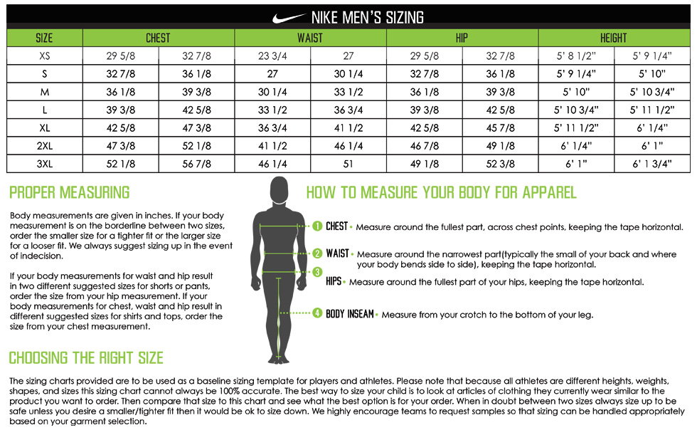 nike pro size chart