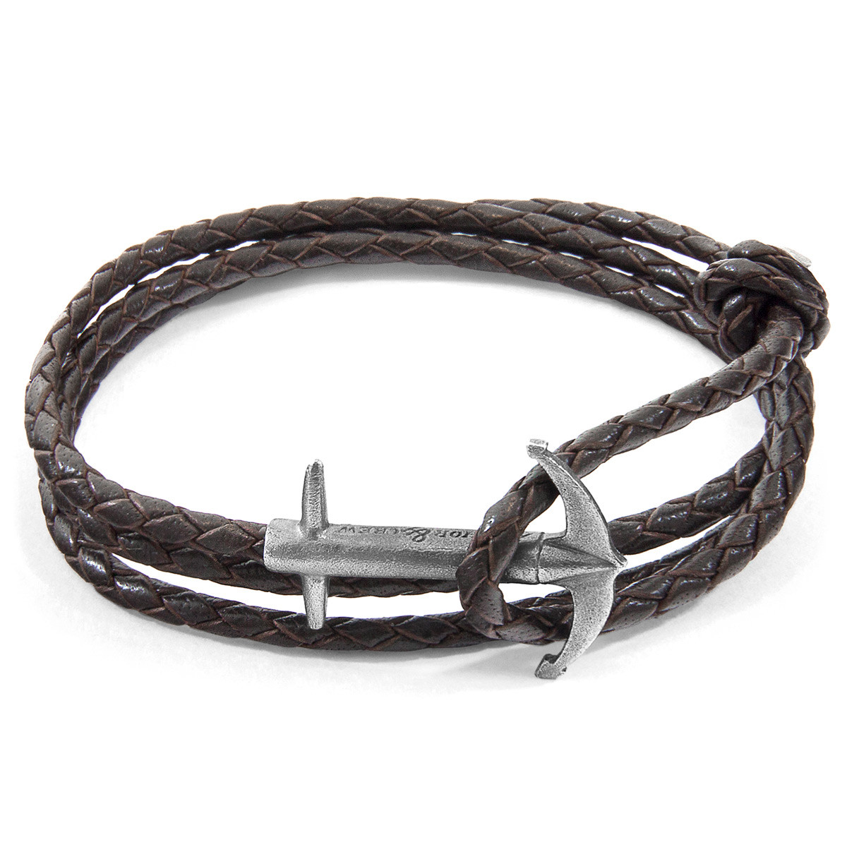 Dark Brown Admiral Anchor Silver and Braided Leather Bracelet