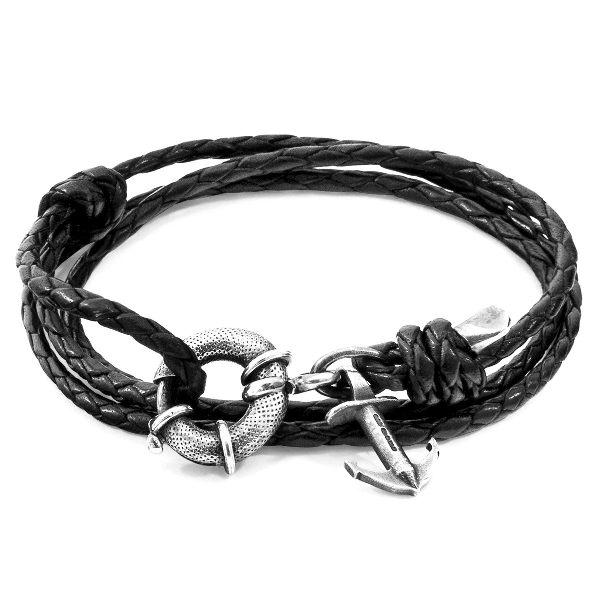 Coal Black Clyde Anchor Silver and Braided Leather Bracelet