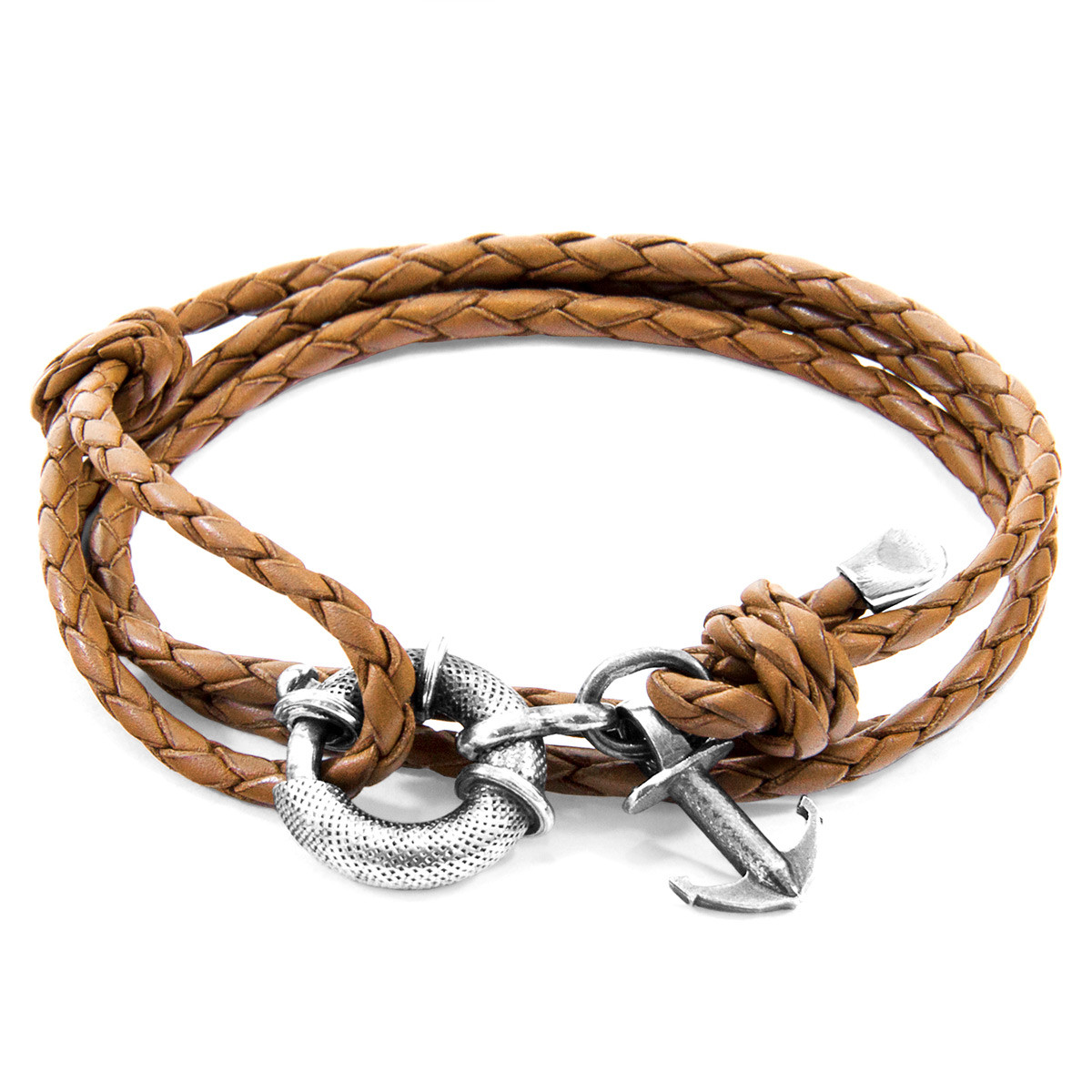 Light Brown Clyde Anchor Silver and Braided Leather Bracelet