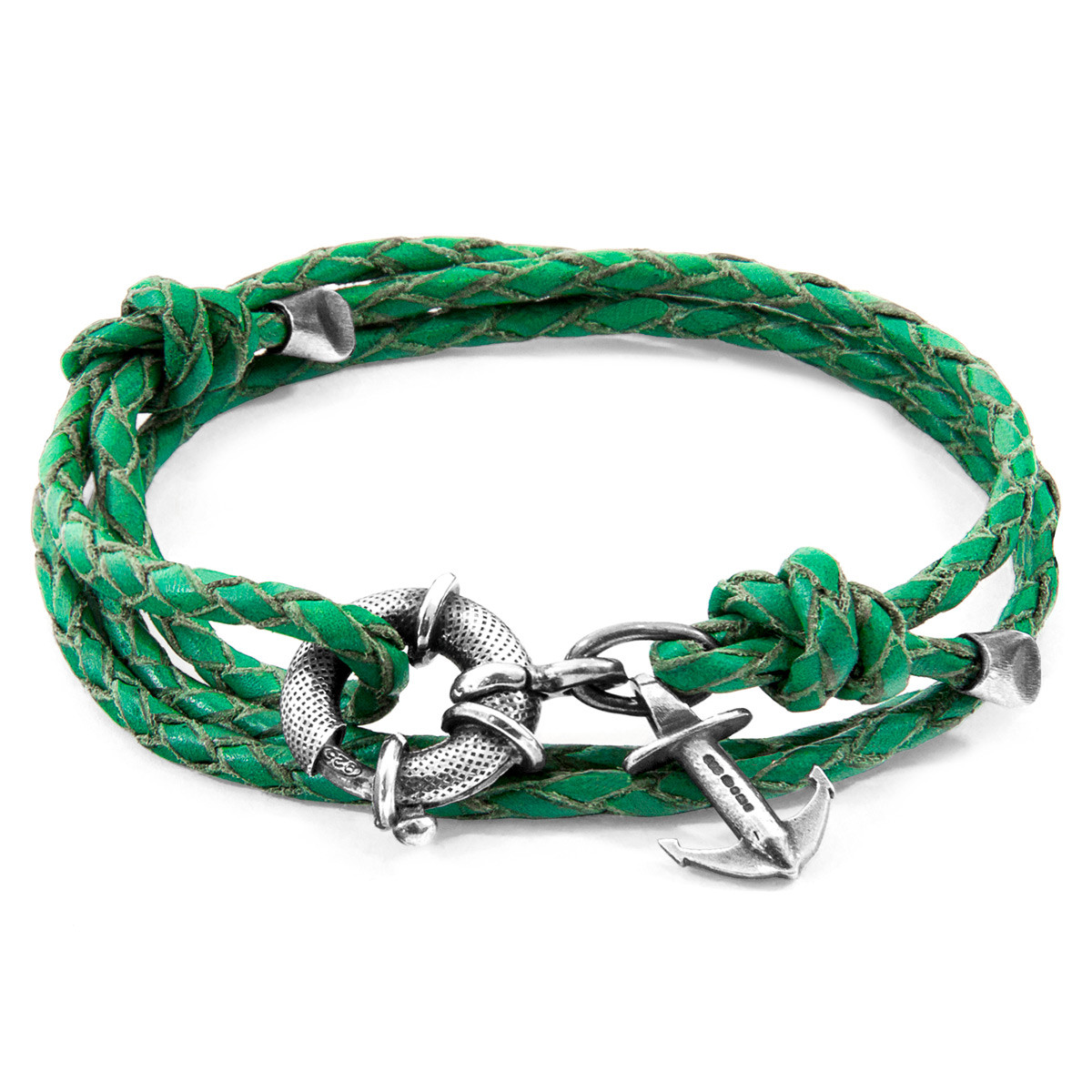 Fern Green Clyde Anchor Silver and Braided Leather Bracelet