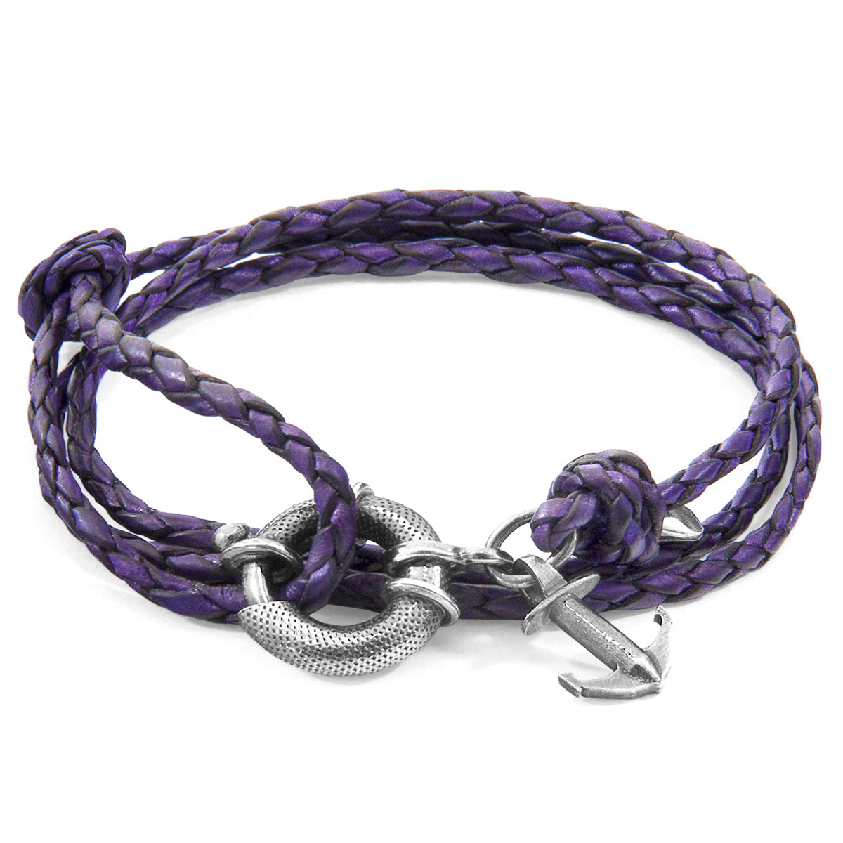 Grape Purple Clyde Anchor Silver and Braided Leather Bracelet